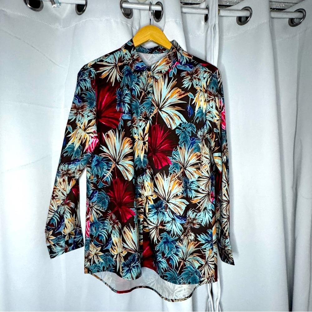 Mens Tropical Palm Leaf Print Button Down Shirt Long Sleeve Brown Red Teal M
